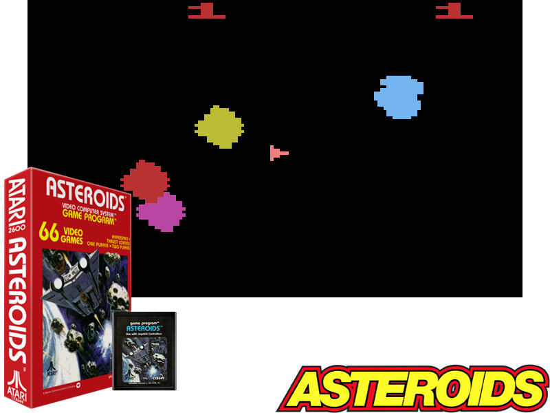 Box, cartridge, screenshot and logo of Asteroids