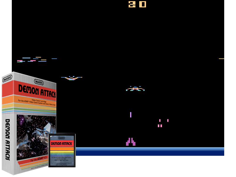 Box, cartridge, screenshot and logo of Demon Attack