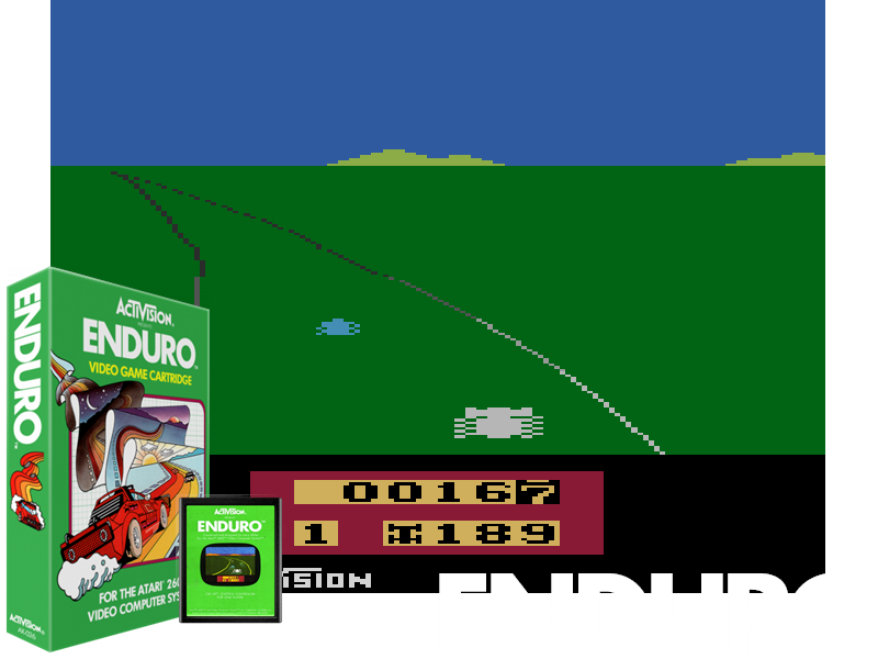 Box, cartridge, screenshot and logo of Enduro