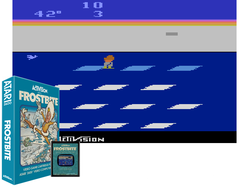 Box, cartridge, screenshot and logo of Frostbite