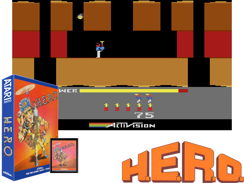 Box, cartridge, screenshot and logo of H.E.R.O.