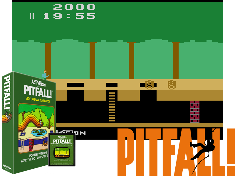 Box, cartridge, screenshot and logo of Pitfall!