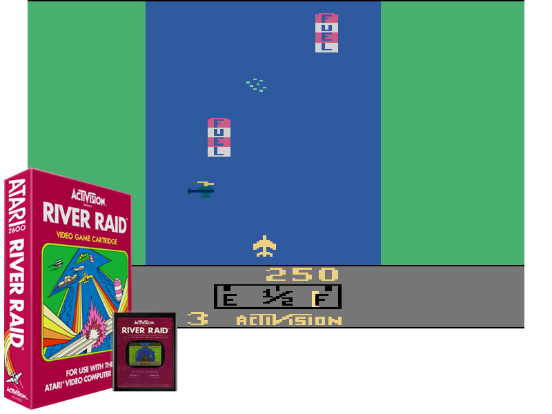 Box, cartridge, screenshot and logo of River Raid
