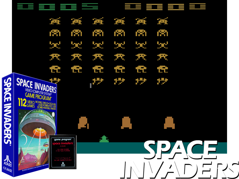 Box, cartridge, screenshot and logo of Space Invaders